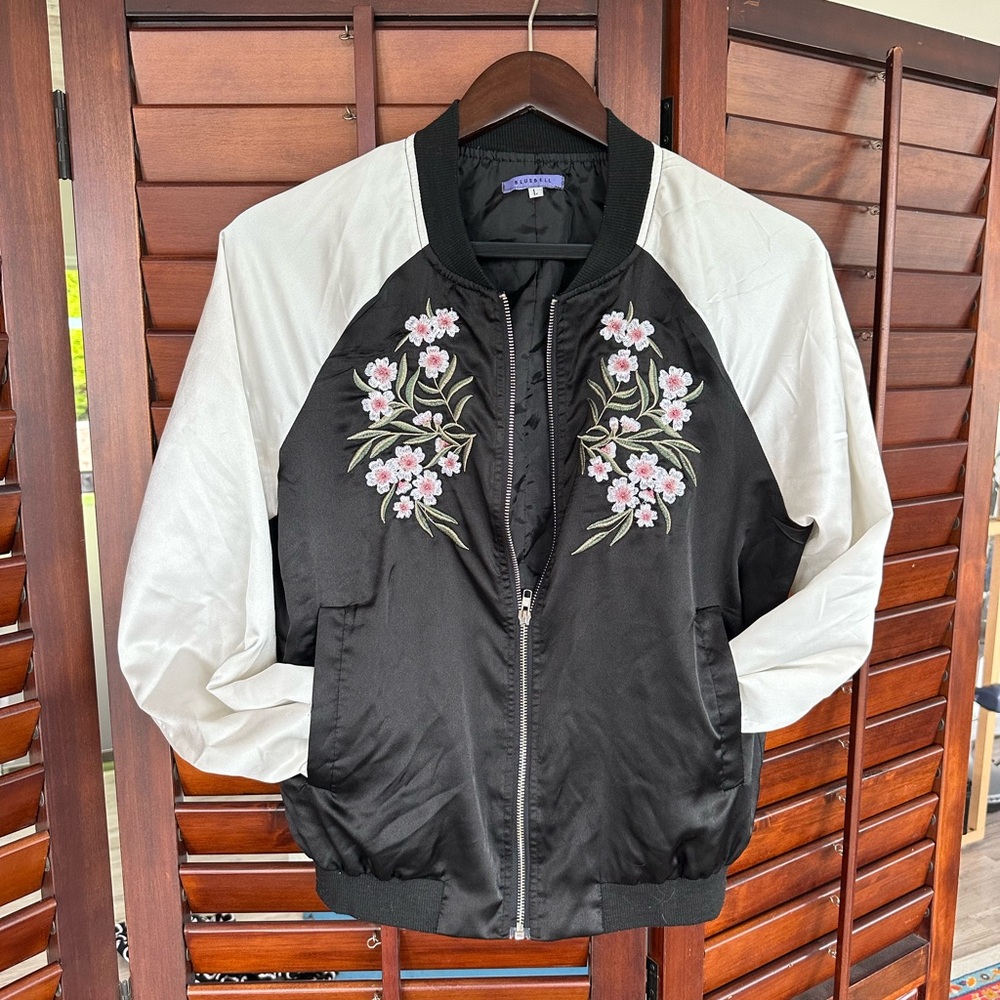 Bluebell Satin B&W Bomber Jacket with Floral Details